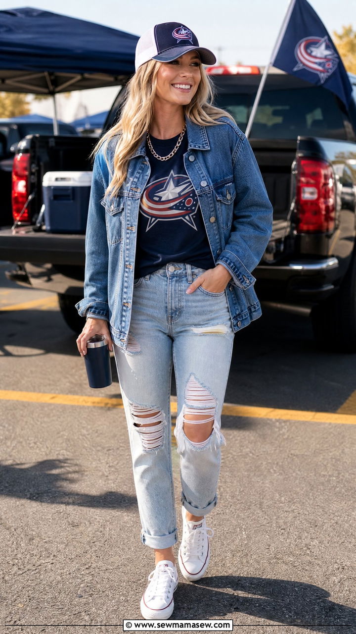 Denim Jacket over Team Tee with Ripped Jeans - 25 Hockey game outfit ideas