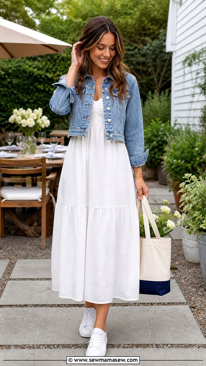 Denim Jacket over White Sundress with White Sneakers - 40 Mother's Day brunch outfit ideas 2026