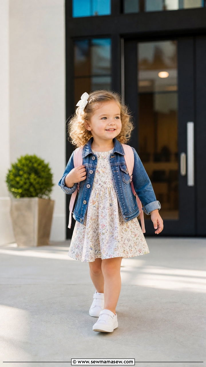 Denim Jacket over a Floral Dress with Sneakers - 25 First day of preschool outfit ideas