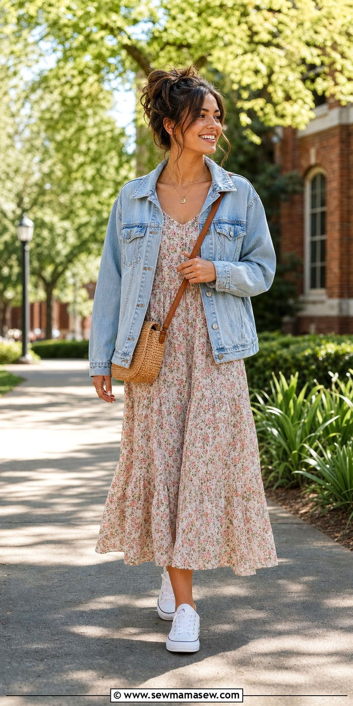 Denim Jacket over a Floral Maxi Dress - 35 Back to school outfit ideas 2026