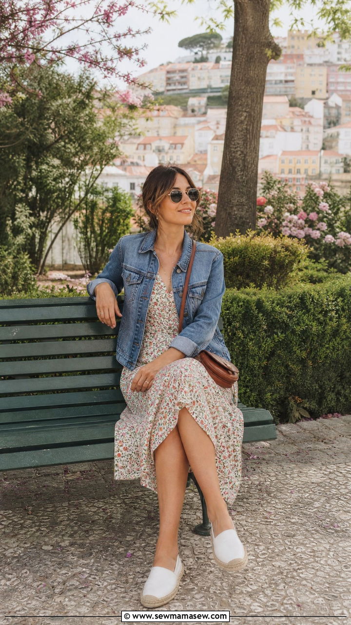Denim Jacket over a Floral Midi Dress - 35 Lisbon vacation outfit ideas
