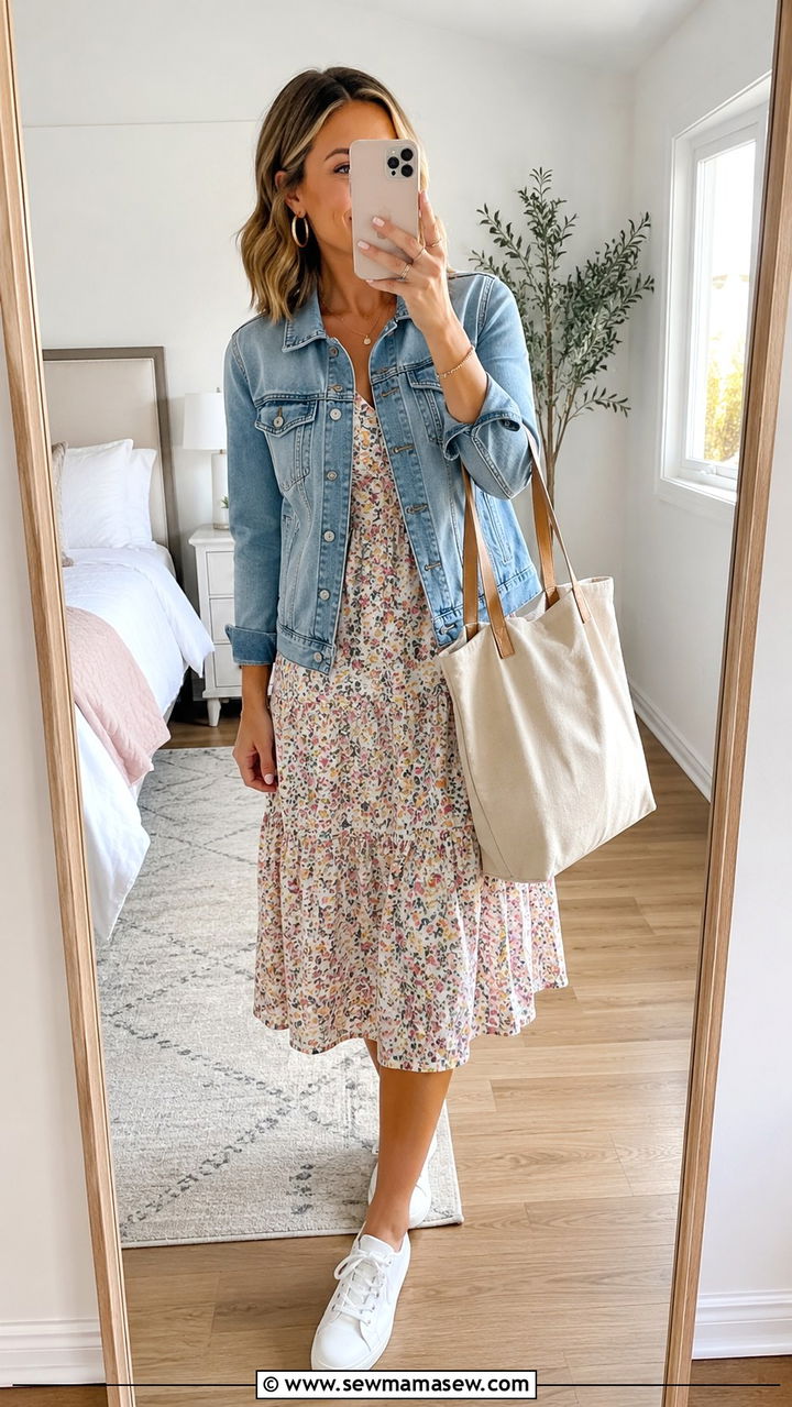Denim Jacket over a Floral Midi Dress with Sneakers Outfit - 30 Business casual outfits for Fridays