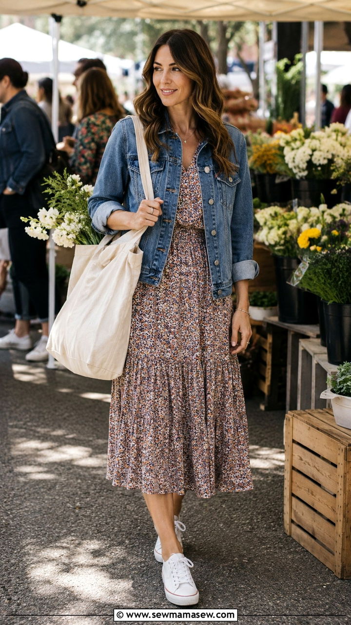 Denim Jacket over a Floral Midi Dress with Sneakers - 30 casual outfits for women over 30