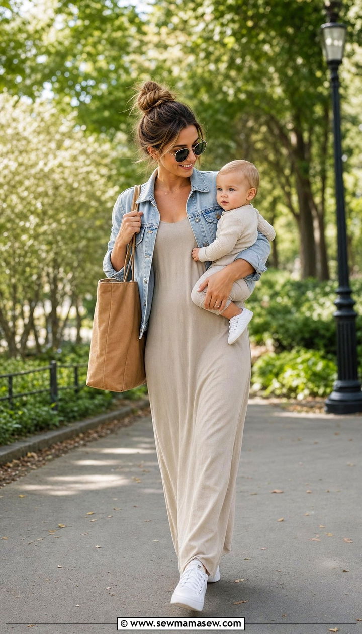 Denim Jacket over a Maxi Dress - 25 classy outfits for new moms