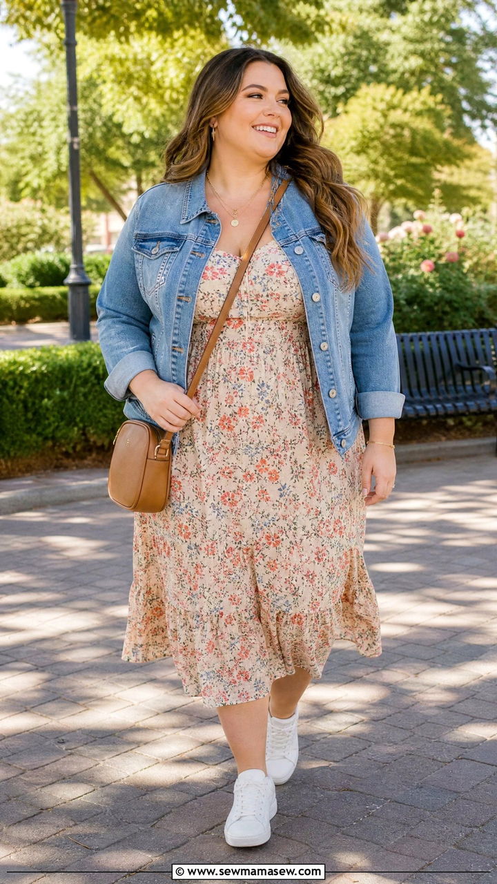 Denim Jacket over a Midi Dress - 30 Plus size outfit ideas for travel