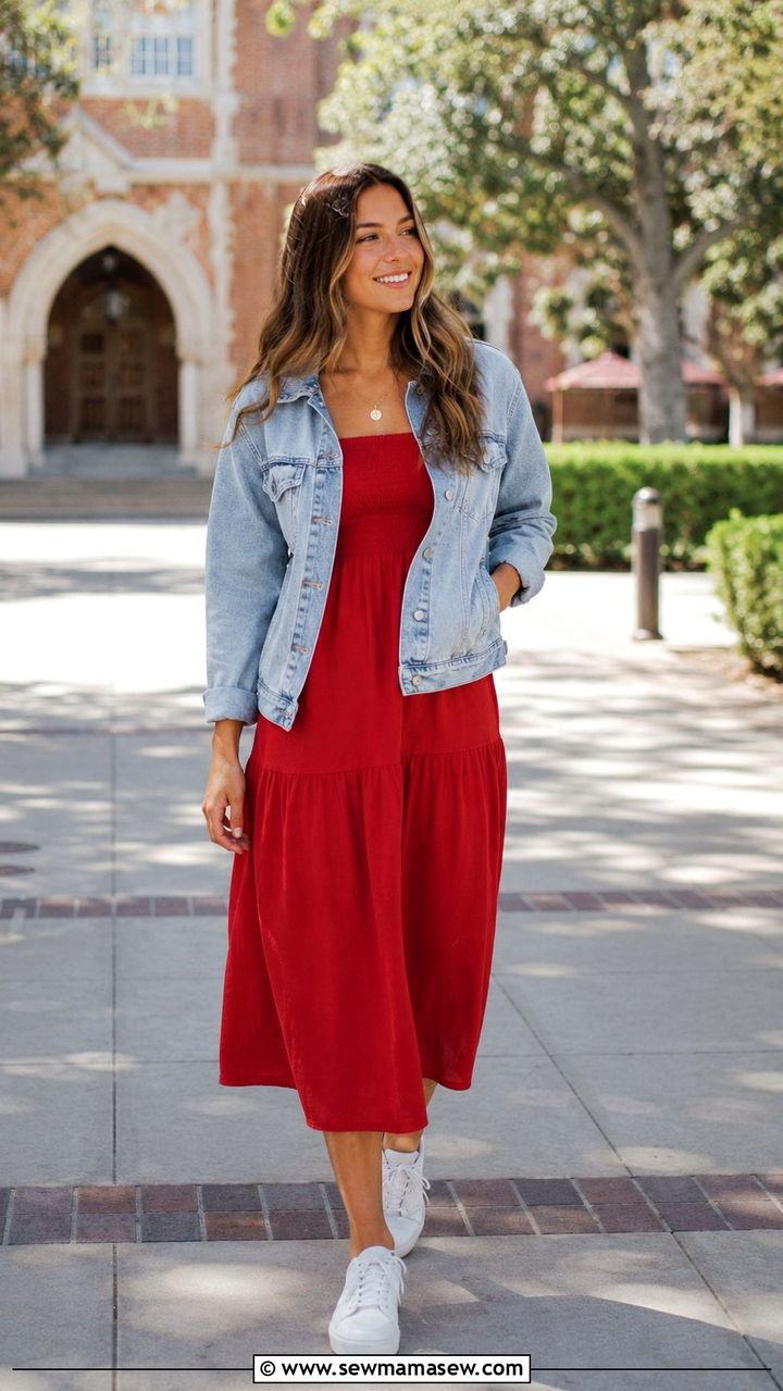 Denim Jacket over a Red Sundress for USC Tailgating - 20 Gameday outfit ideas USC