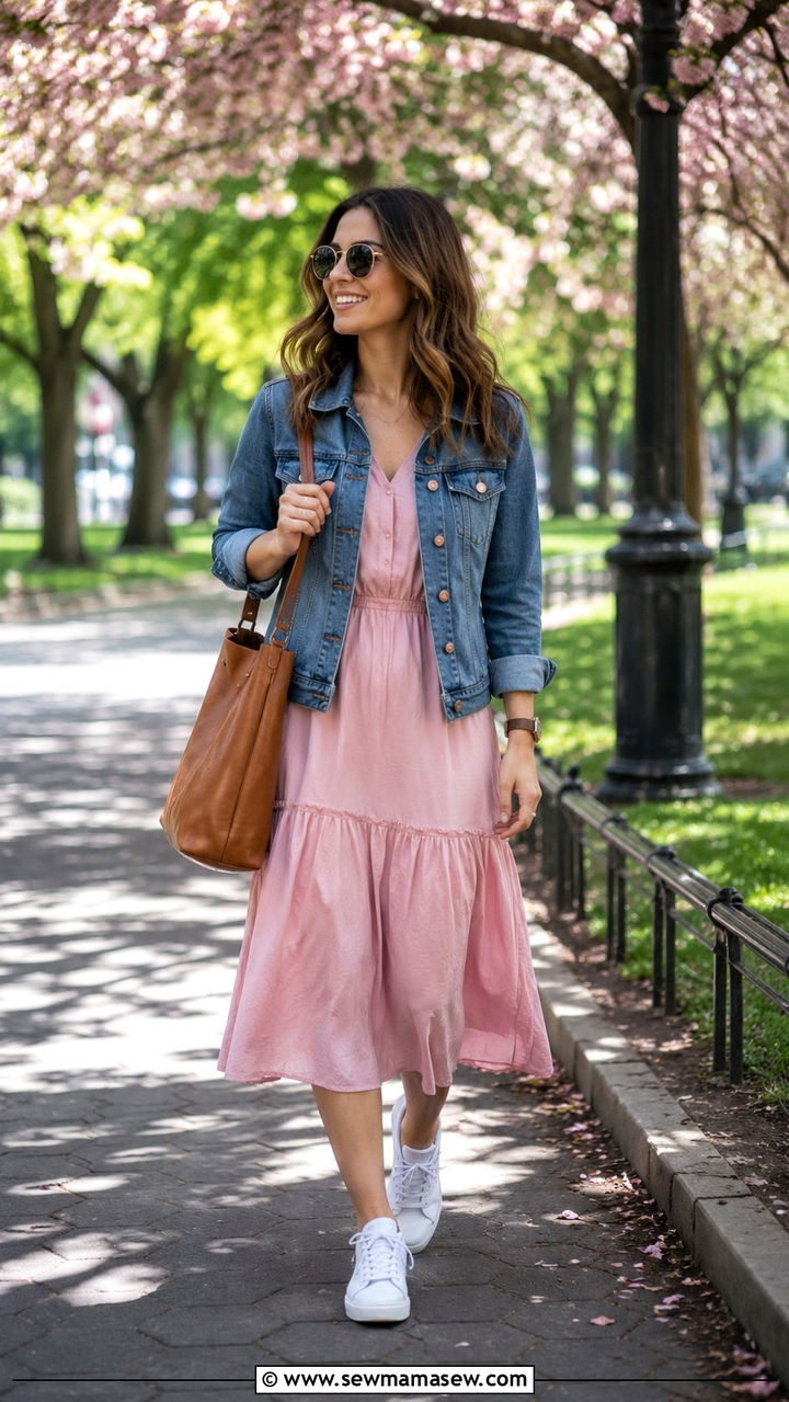 Denim Jacket over a Soft Pink Midi Dress - 25 Modest outfit ideas spring 2026