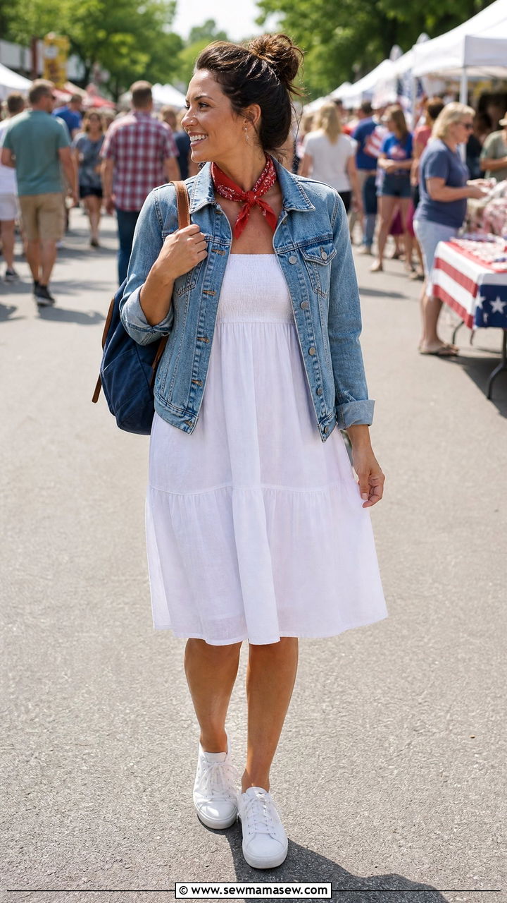Denim Jacket over a White Sundress with White Sneakers - 35 Memorial Day weekend outfit ideas