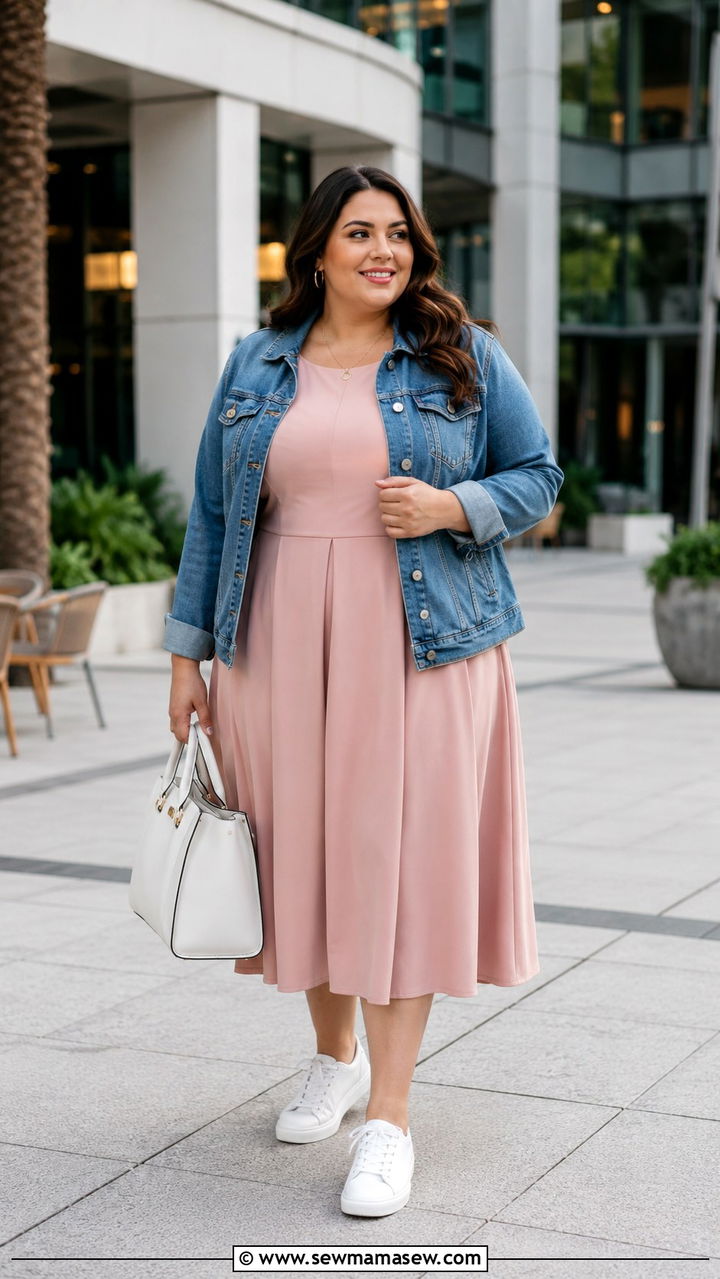 Denim Jacket with A Line Dress Outfit - 30 plus size office outfit ideas