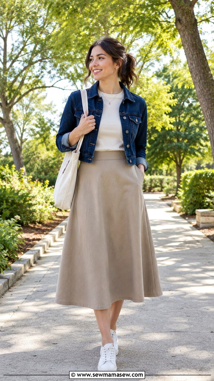 Denim Jacket with A Line Skirt Outfit - 20 Outfits for tummy control