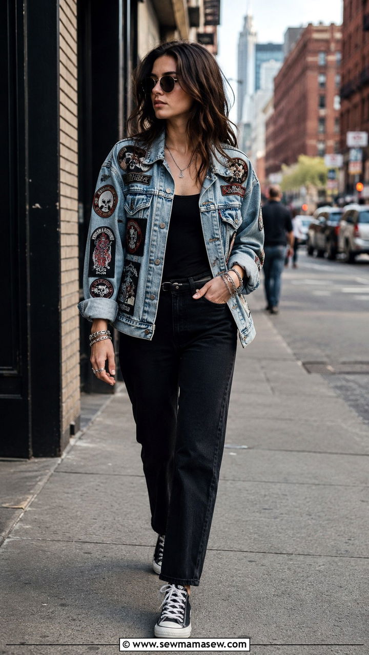 Denim Jacket with Band Patches Outfit - 25 Rock concert outfit ideas