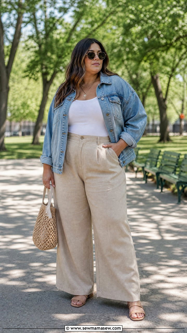 Denim Jacket with Beige Linen Pants - 25 Linen pants outfit ideas plus size