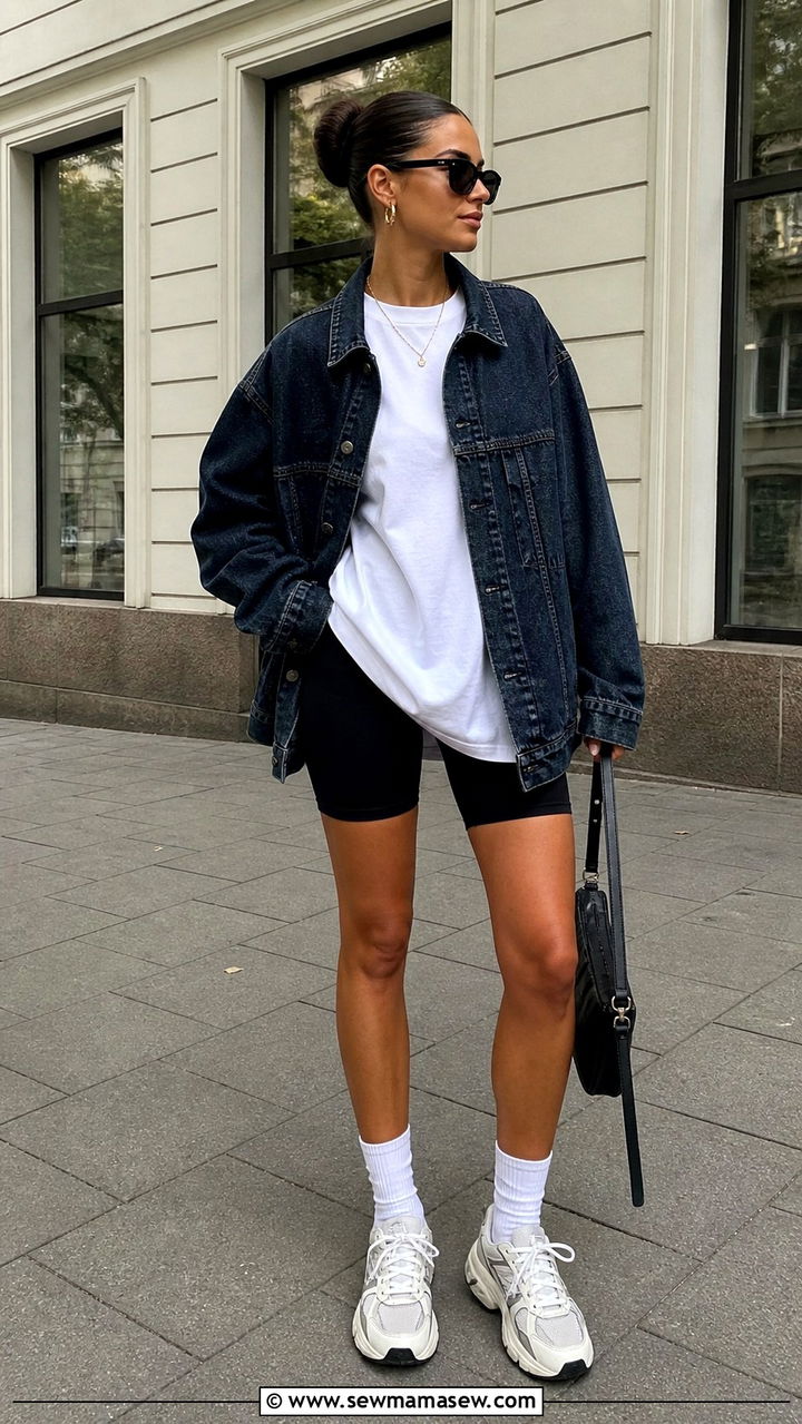 Denim Jacket with Bike Shorts - 40 casual denim jacket outfits