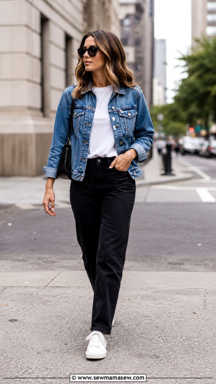 Denim Jacket with Black Jeans and Sneakers Outfit - 25 Videographer outfit ideas