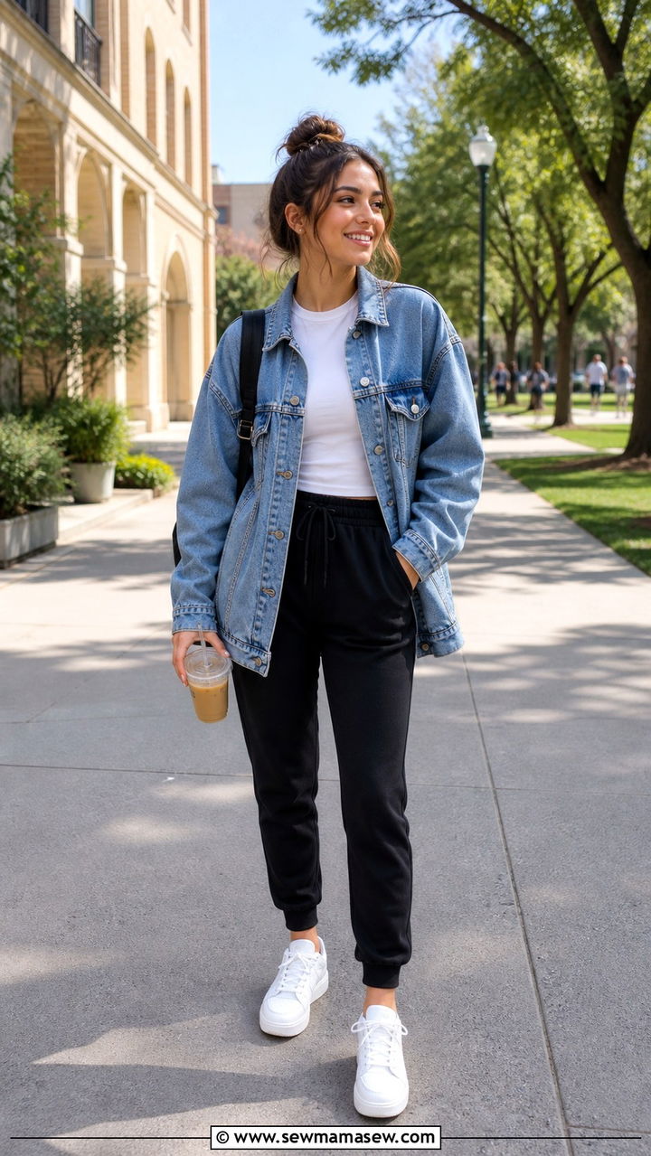 Denim Jacket with Black Joggers - 40 college outfits