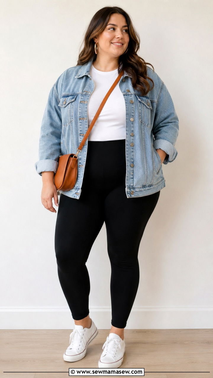 Denim Jacket with Black Leggings Outfit - 30 Plus size outfit ideas with leggings