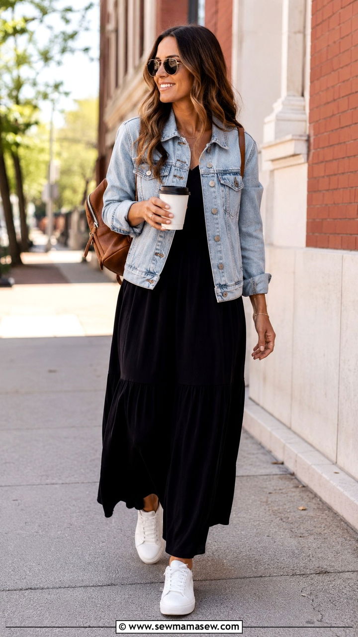 Denim Jacket with Black Maxi Dress and White Sneakers - 30 Spring outfits with white sneakers