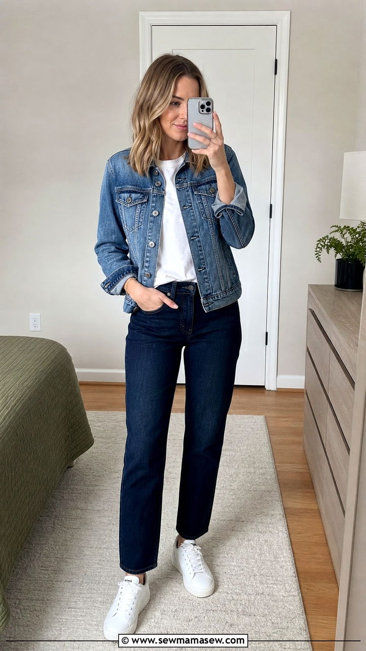 Denim Jacket with Blue Jeans and White Tee - 40 casual denim jacket outfits