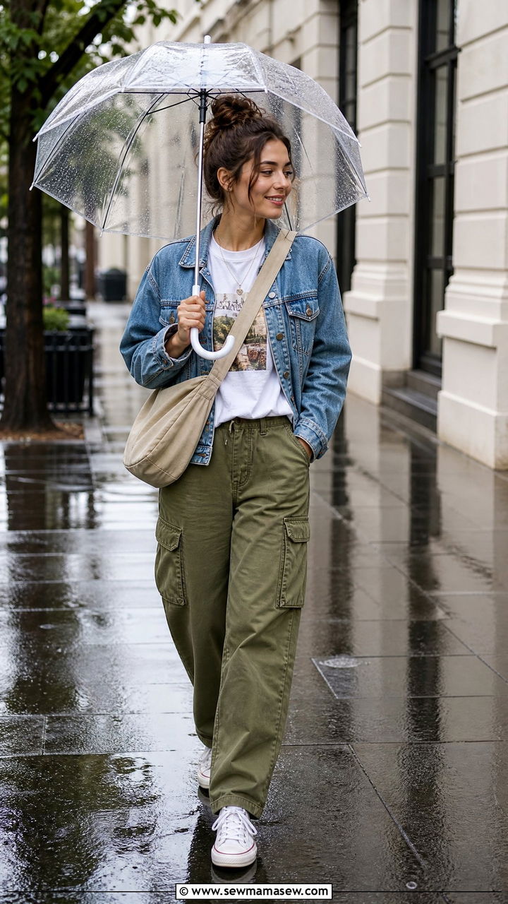 Denim Jacket with Cargo Pants and Canvas Sneakers - 25 rainy day outfits aesthetic