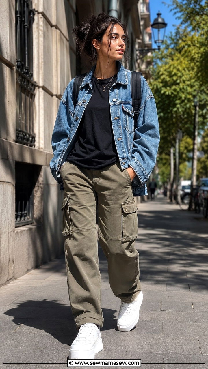Denim Jacket with Cargo Pants and White Sneakers - 30 Tomboy outfit ideas
