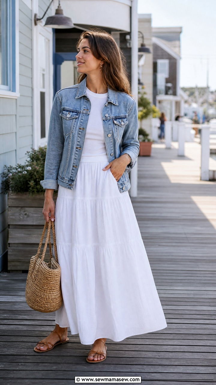 Denim Jacket with Crisp Maxi Skirt and Flats Outfit - 20 Spring outfits for 55 degree weather