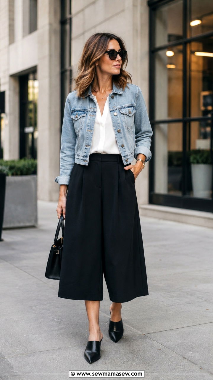 Denim Jacket with Culottes - 30 How to style a denim jacket