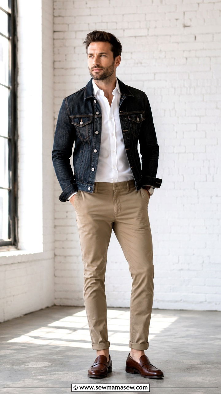 Denim Jacket with Dress Shirt and Chinos - 25 Professional headshot outfit ideas