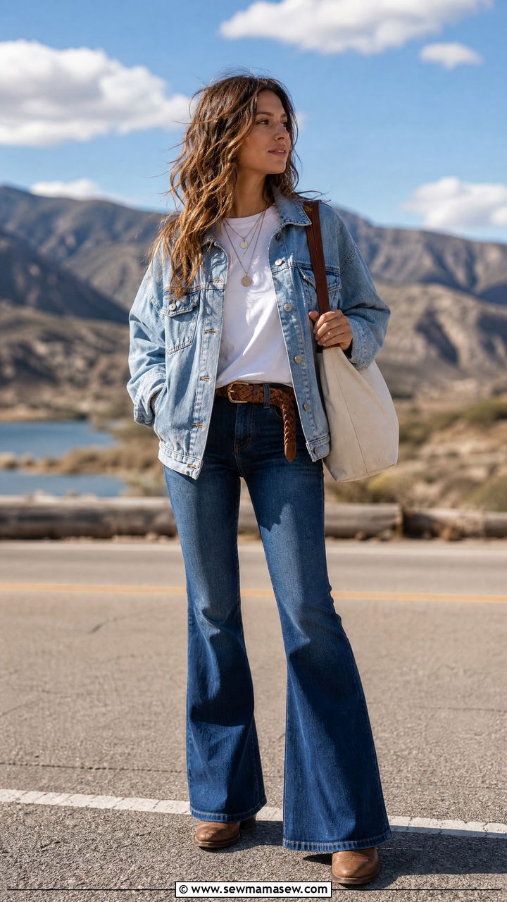 Denim Jacket with Flare Jeans and Western Boots - 30 Flare jeans outfit ideas with boots