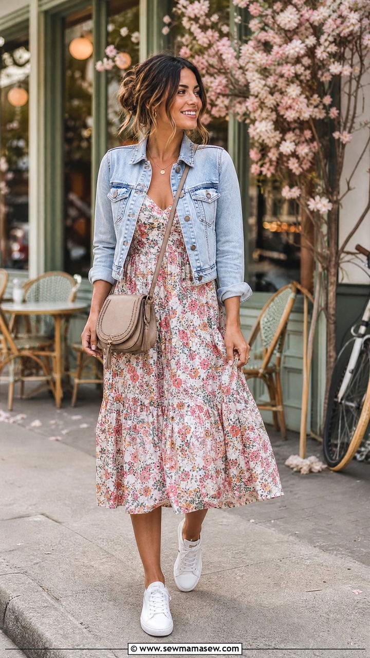 Denim Jacket with Floral Dress Brunch - 30 Fancy brunch outfit ideas
