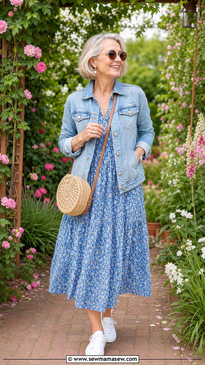 Denim Jacket with Floral Dress Outfit - 25 Cute outfits for women over 70