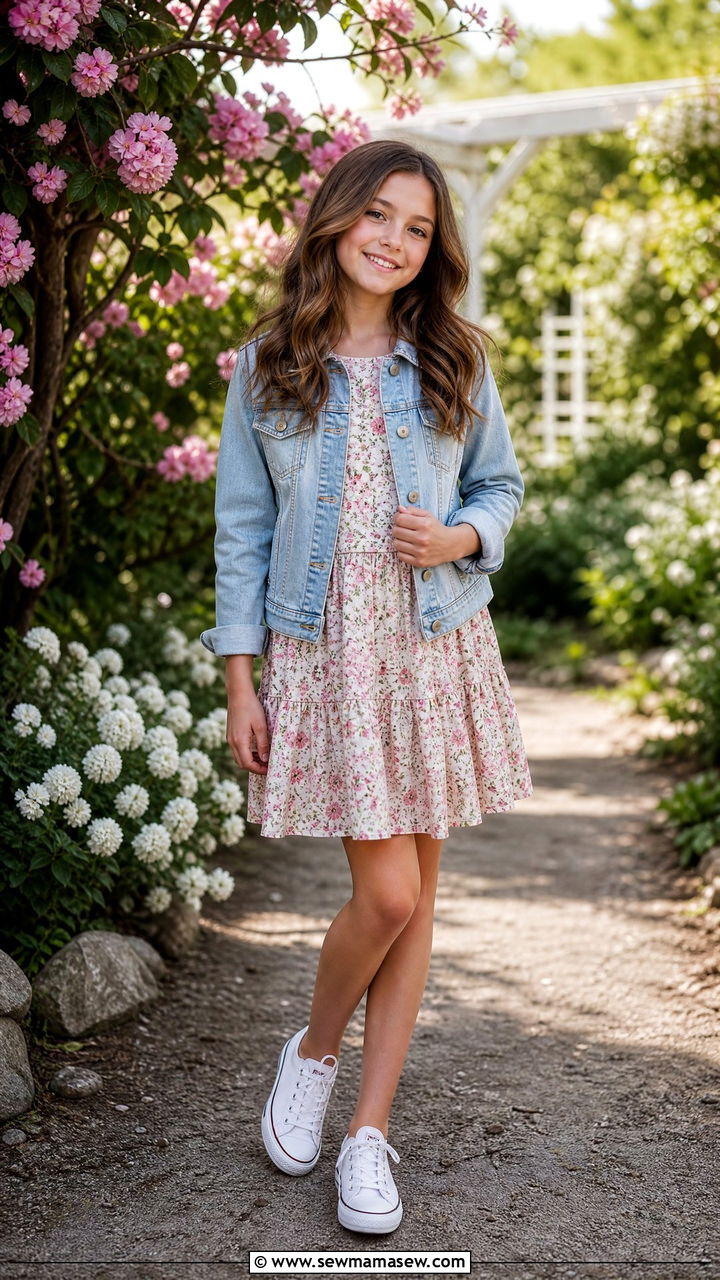 Denim Jacket with Floral Dress Outfit for 11 Year Olds - 25 Tween outfit ideas for 11 year olds