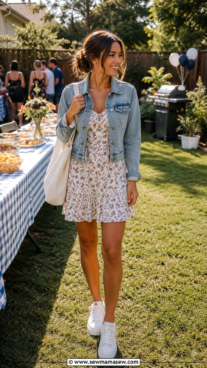 Denim Jacket with Floral Dress and White Sneakers - 30 Graduation party outfits for guests