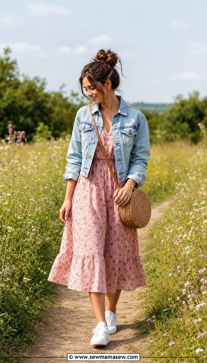 Denim Jacket with Floral Dress and White Sneakers - 25 cute windy day outfits