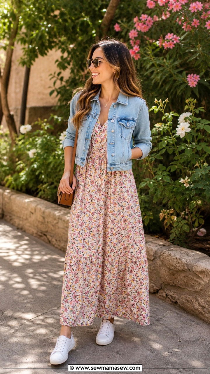Denim Jacket with Floral Maxi Dress - 40 jacket outfits for women