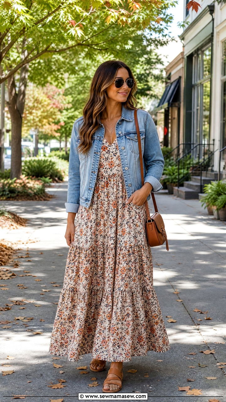 Denim Jacket with Floral Maxi Dress - 25 Late summer early fall outfits