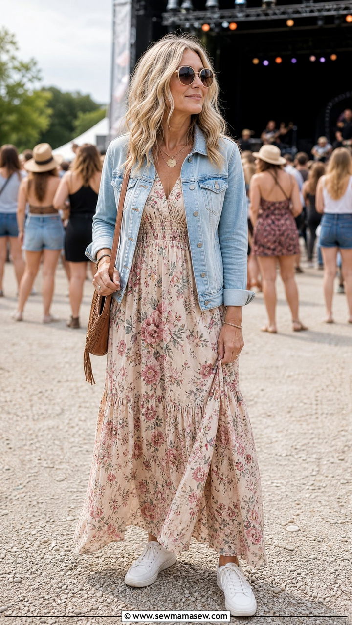 Denim Jacket with Floral Maxi Dress - 30 Concert outfit ideas for women over 40