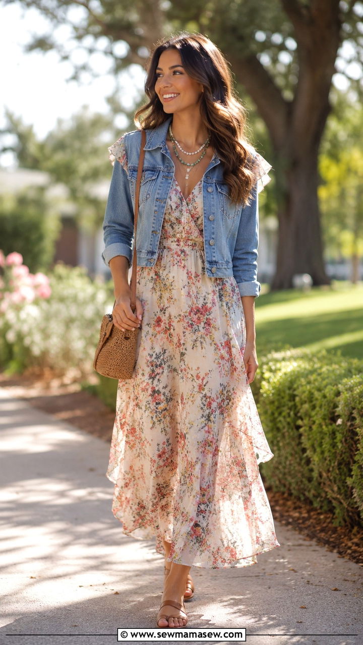 Denim Jacket with Floral Maxi Dress Outfit - 30 Spring wardrobe essentials 2026