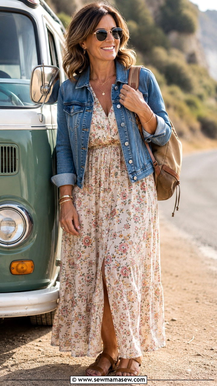 Denim Jacket with Floral Maxi Dress Outfit - 30 Boho outfit ideas for women over 40