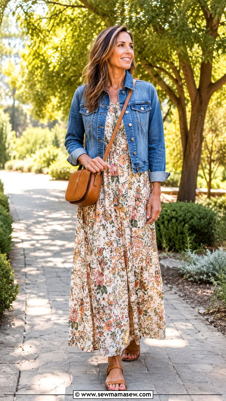 Denim Jacket with Floral Maxi Dress Tall Women Over 40 - 30 Tall outfits for women over 40