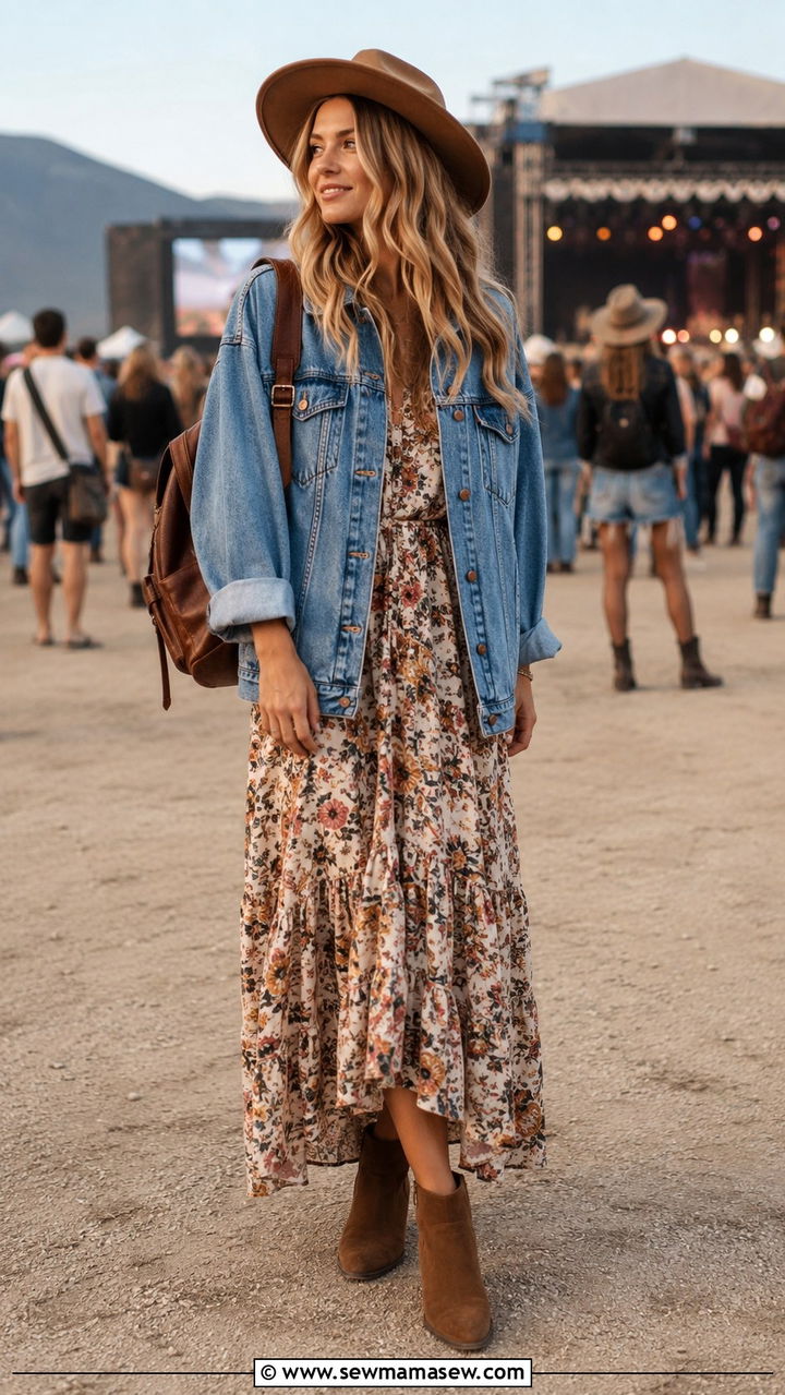 Denim Jacket with Floral Maxi Dress and Ankle Boots - 30 Boho capsule wardrobe
