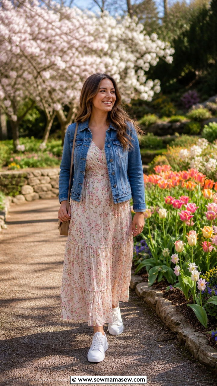 Denim Jacket with Floral Maxi Dress - 40 cute spring outfit ideas