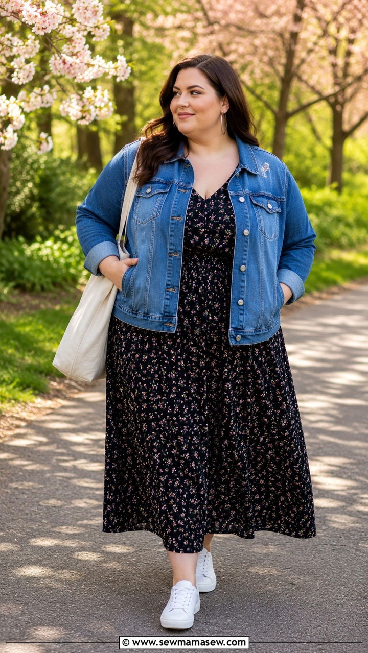 Denim Jacket with Floral Midi Dress - 25 Plus size outfit ideas for 16-18