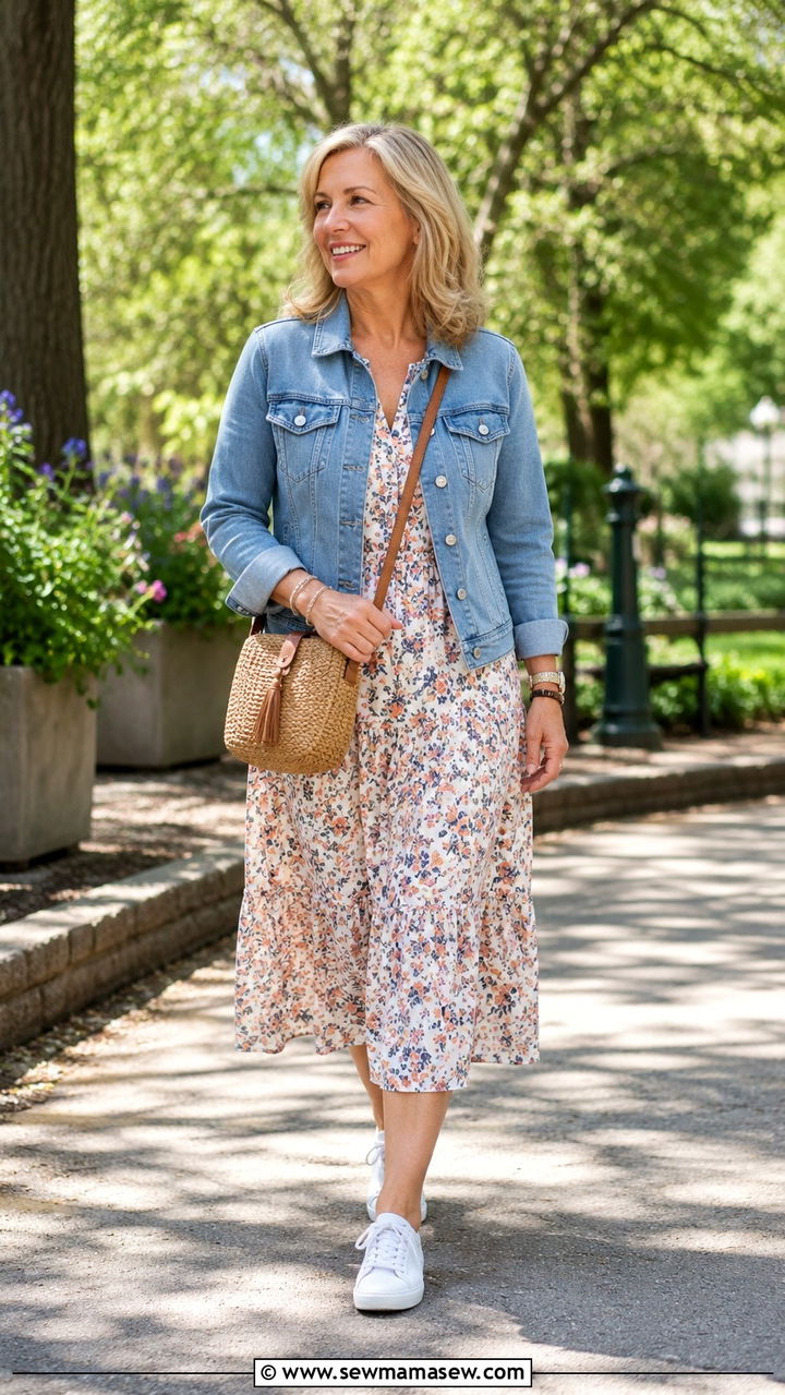 Denim Jacket with Floral Midi Dress - 25 What to wear to brunch over 50