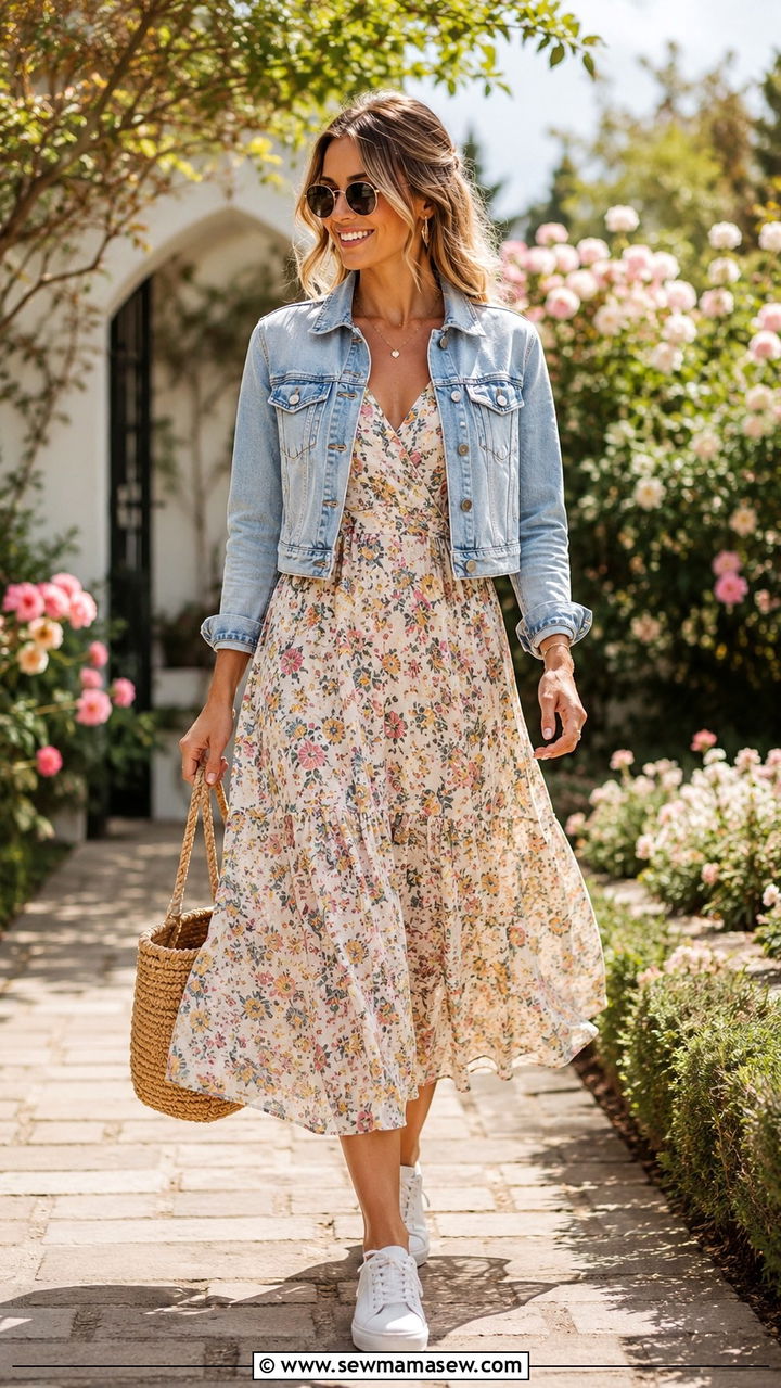 Denim Jacket with Floral Midi Dress - 30 How to style a denim jacket