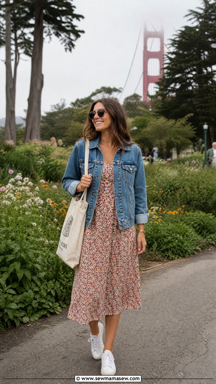 Denim Jacket with Floral Midi Dress - 40 What to wear in San Francisco