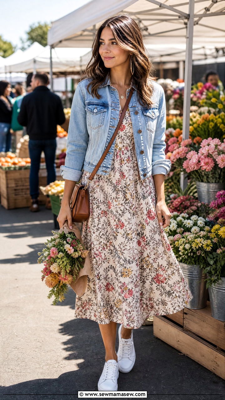 Denim Jacket with Floral Midi Dress - 30 summer modest outfit ideas