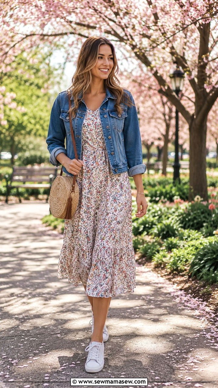 Denim Jacket with Floral Midi Dress and Canvas Sneakers - 30 spring capsule wardrobe outfit ideas