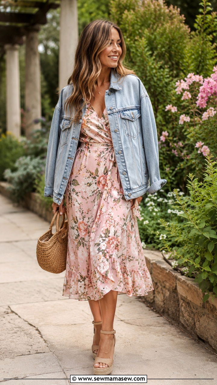 Denim Jacket with Floral Midi Dress and Espadrille Wedges - 30 spring wardrobe essentials outfits