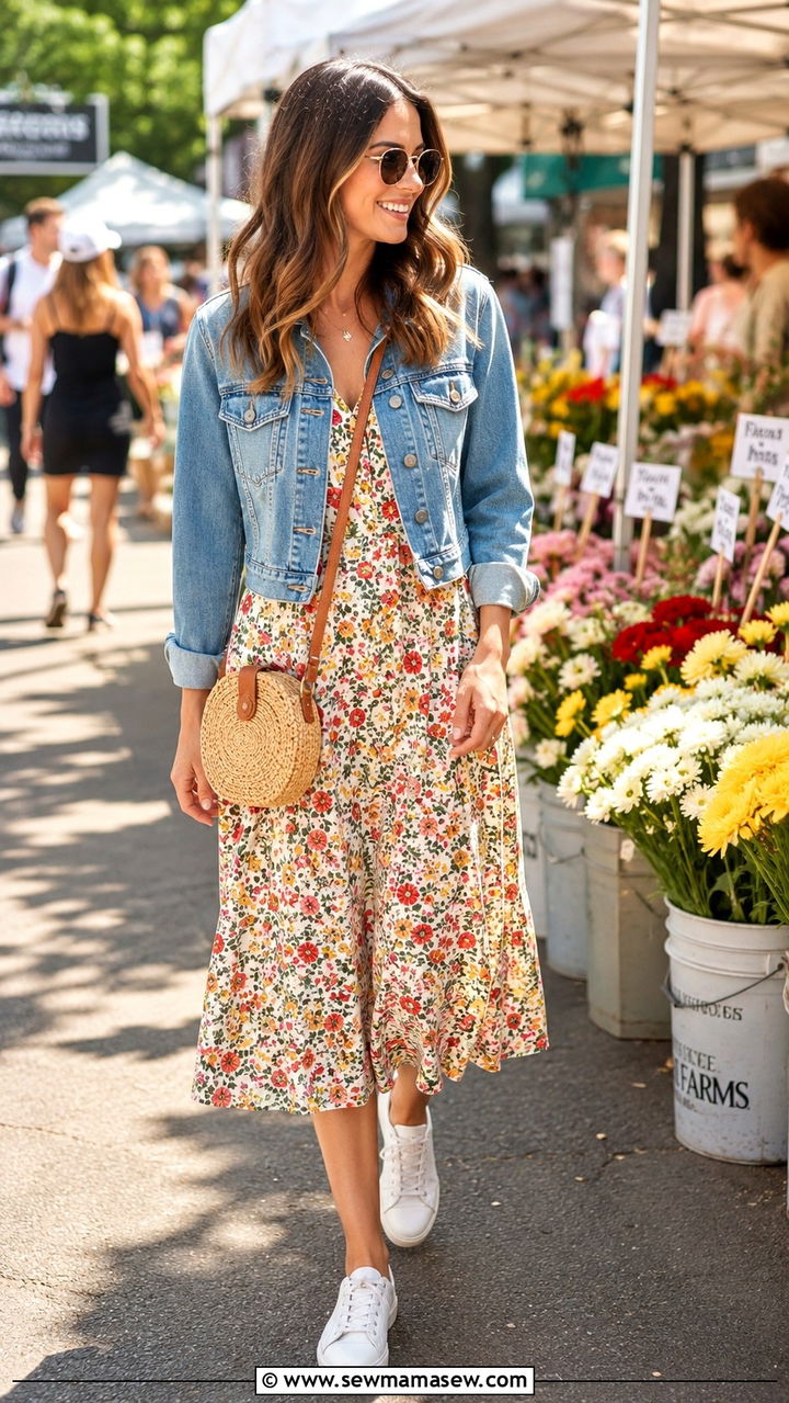 Denim Jacket with Floral Midi Dress and White Sneakers - 30 Spring outfits with white sneakers