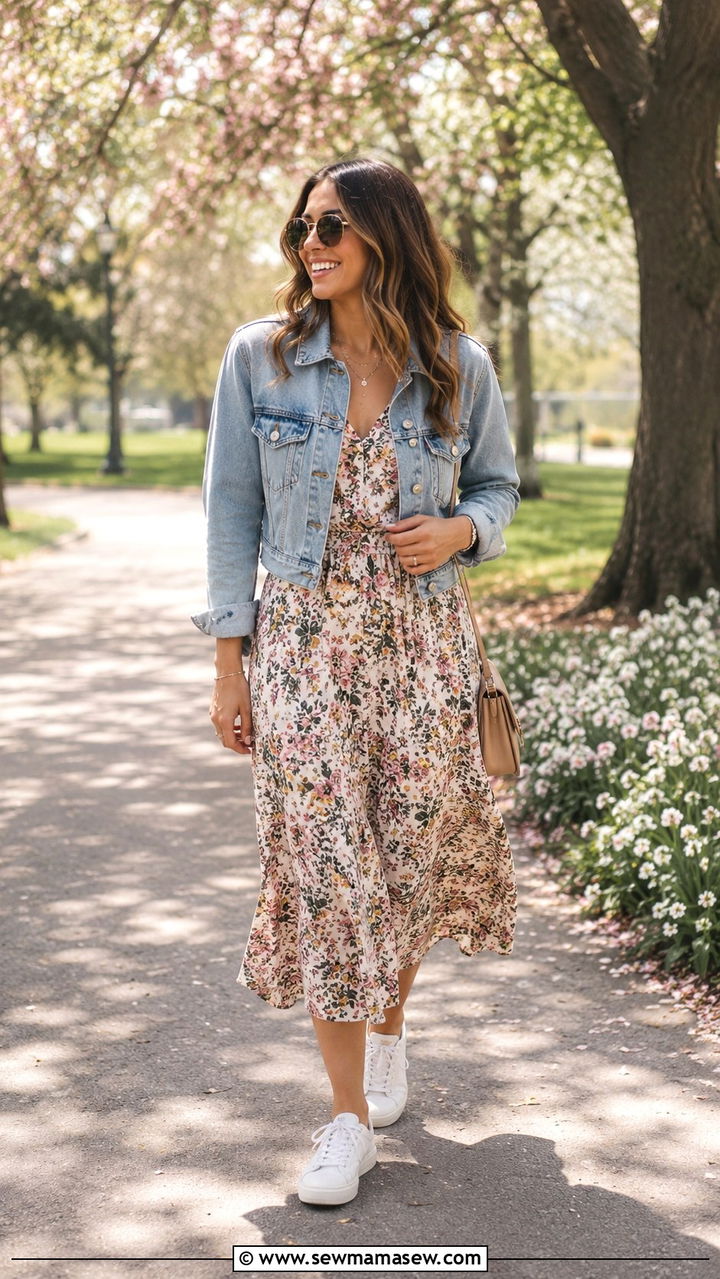 Denim Jacket with Floral Midi Dress and White Sneakers - 30 transitional street style outfits